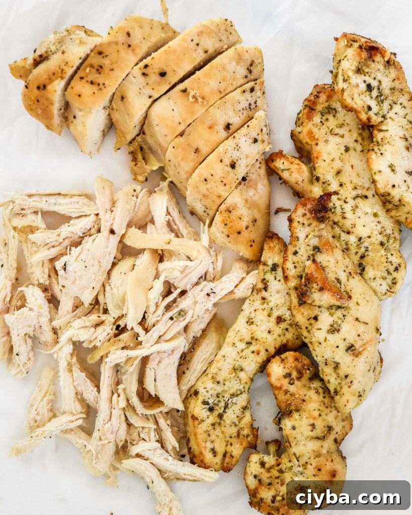 shredded and sliced cooked chicken made in three different ways.