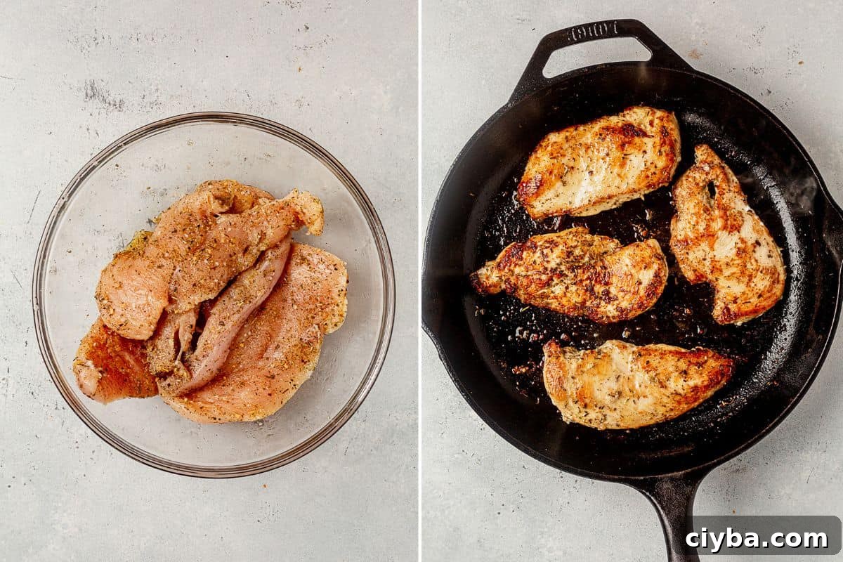 two images of seasoned chicken in a bowl and then chicken breasts seared in a skillet