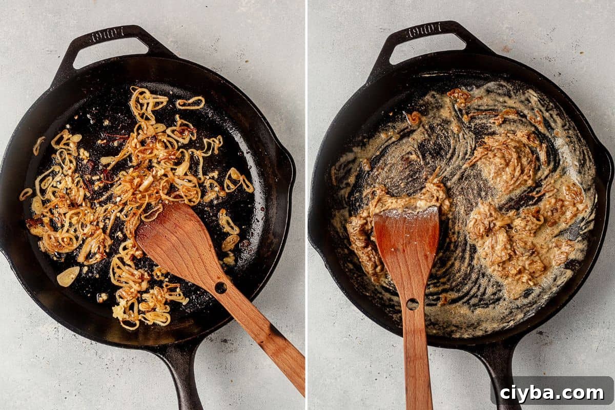 two images of sauted shallots in butter and then the shallots in a roux