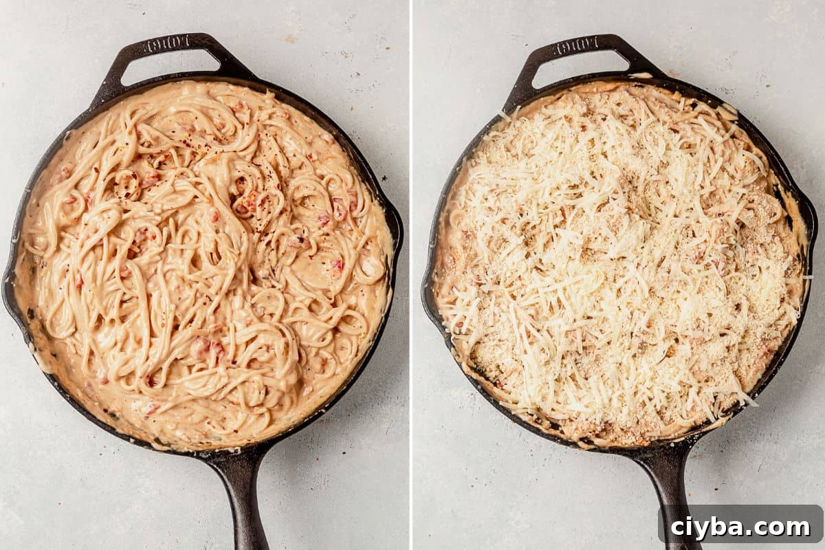 two images of creamy spaghetti chicken in a skillet and then it topped with cheese before baking