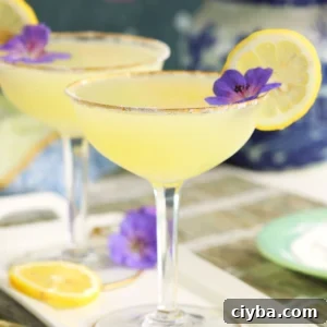 Two martinis are placed on a white plate with garnishes.
