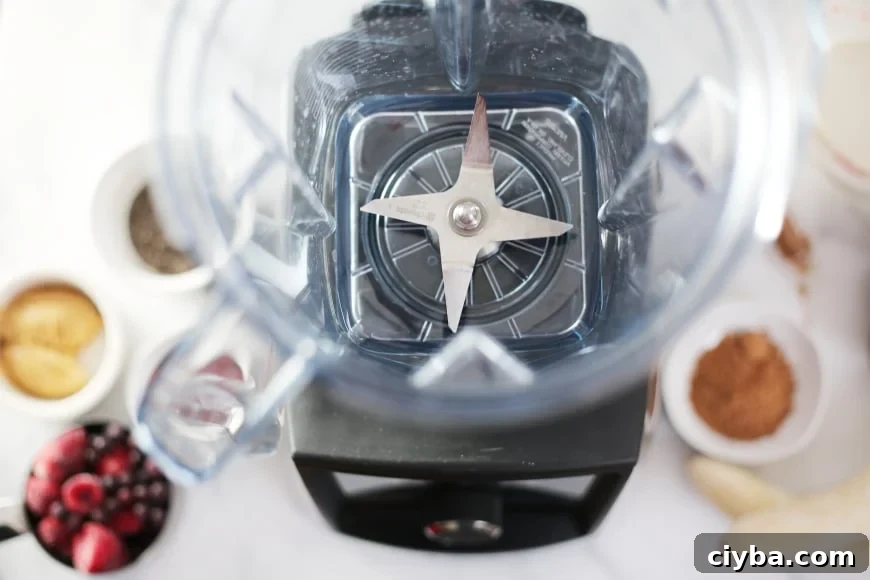 Ingredients arranged around the blender to make the superfood berry smoothie bowl