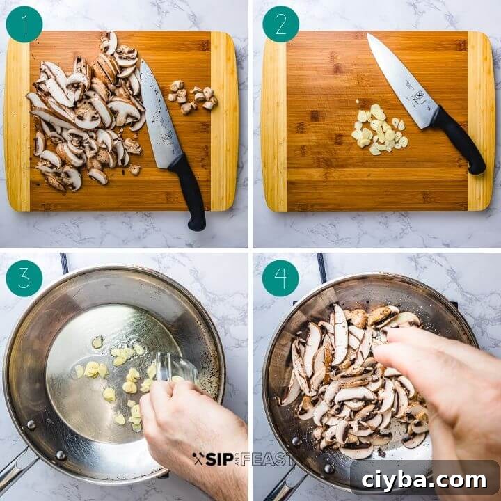 Sauteed mushrooms recipe process shot collage of four images.