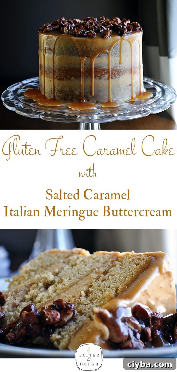 Gluten Free Caramel Cake with Salted Caramel Italian Meringue Buttercream