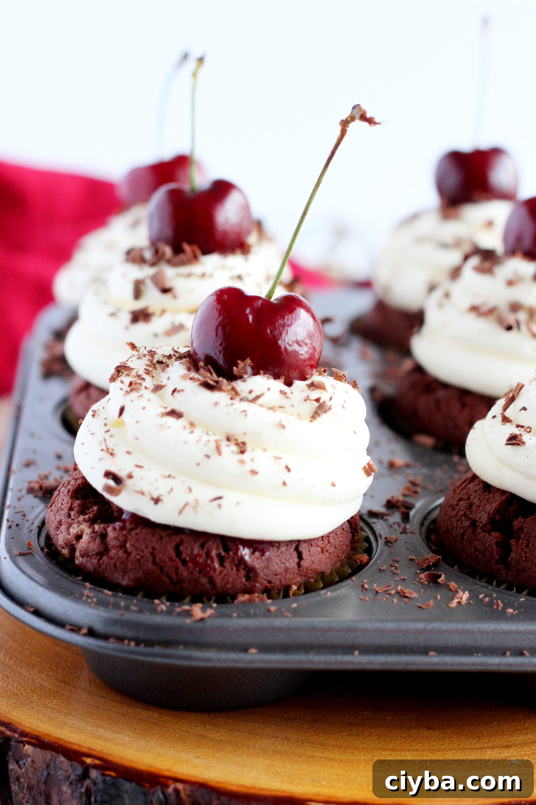 close up of chocolate cupcakes with cherries