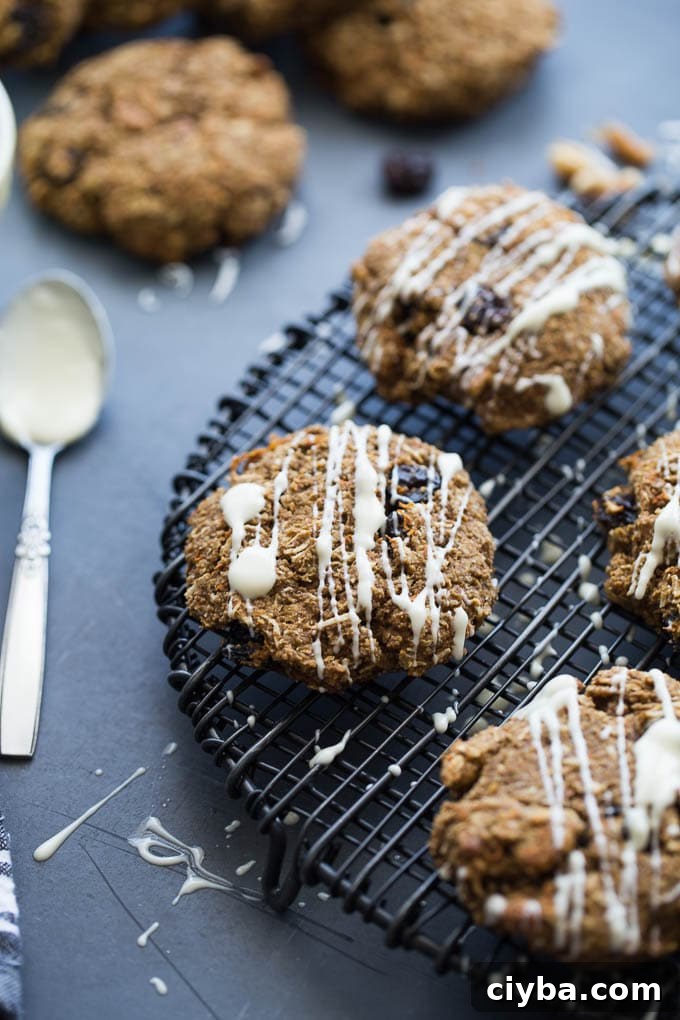 Up-close view of Morning Glory Breakfast Cookies on a wire rack.