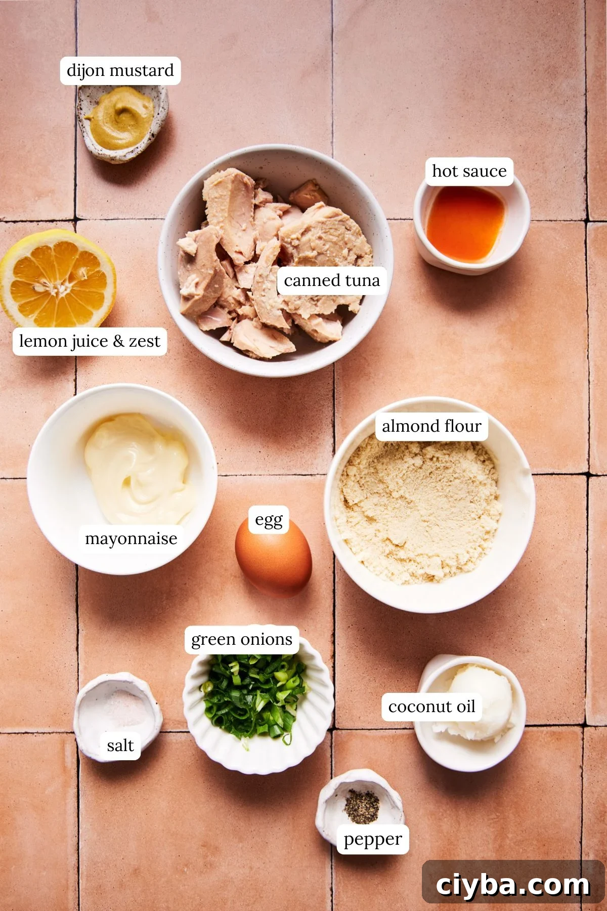 Overhead shot of tuna patty ingredients in small bowls on a white surface