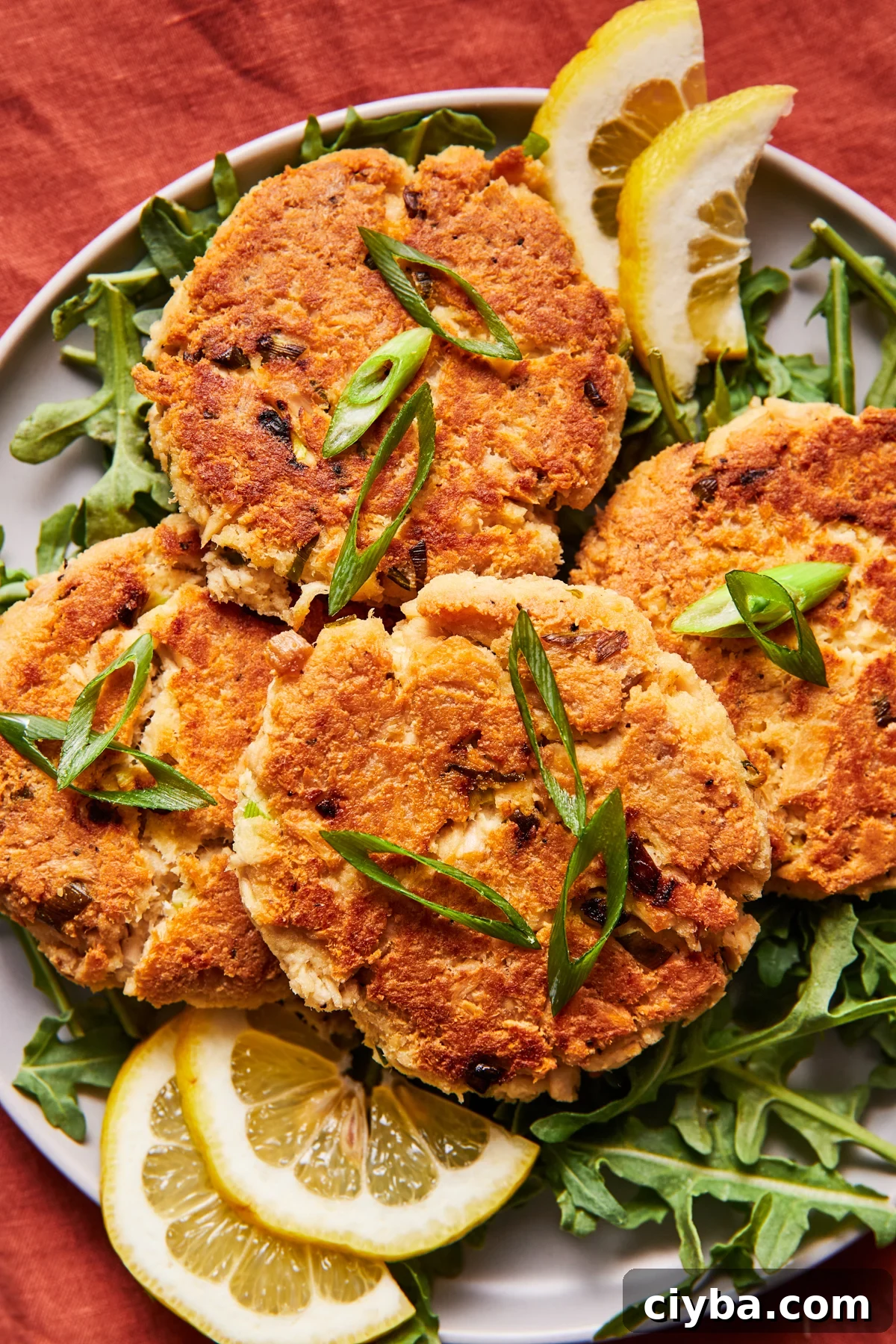 Stack of tuna patties on a ceramic plate with herbs and lemon slices