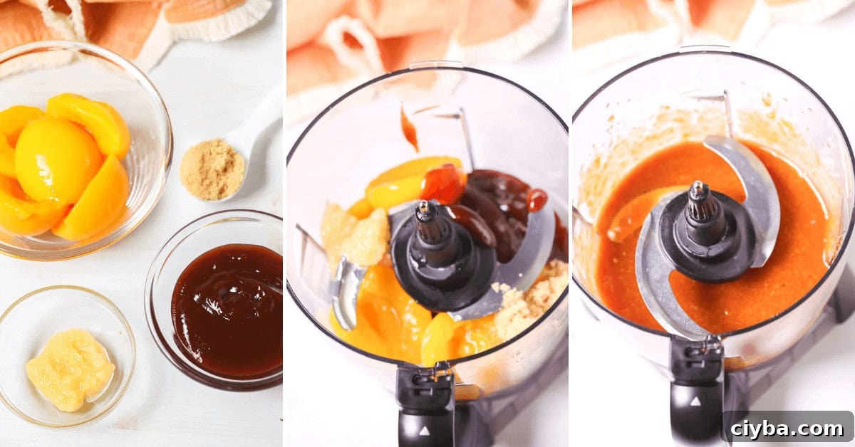 Three images show the steps to make a delicious peach BBQ sauce. Ingredients are in bowls: peach slices, BBQ sauce, cider vinegar, and spices. Blended together in a food processor, it results in a smooth Peach BBQ Sauce perfect for any barbecue dish.