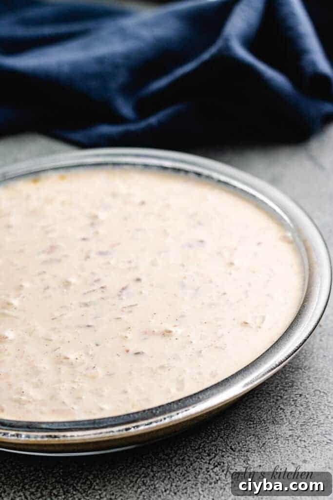 The batter has been moved to the pie pan.