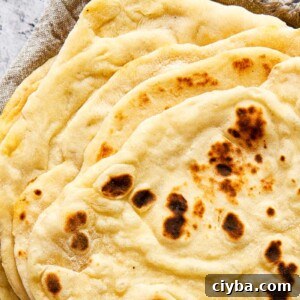 Quick Homemade Flatbread Recipe with Video Tutorial 6 stacked flatbread on grey cloth napkin
