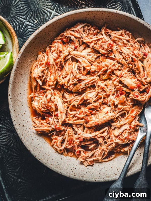 A bowl of shredded chicken seasoned with spices and herbs. The dish is placed on a textured surface, alongside a small bowl containing lime wedges. Two utensils are partially visible in the dish.