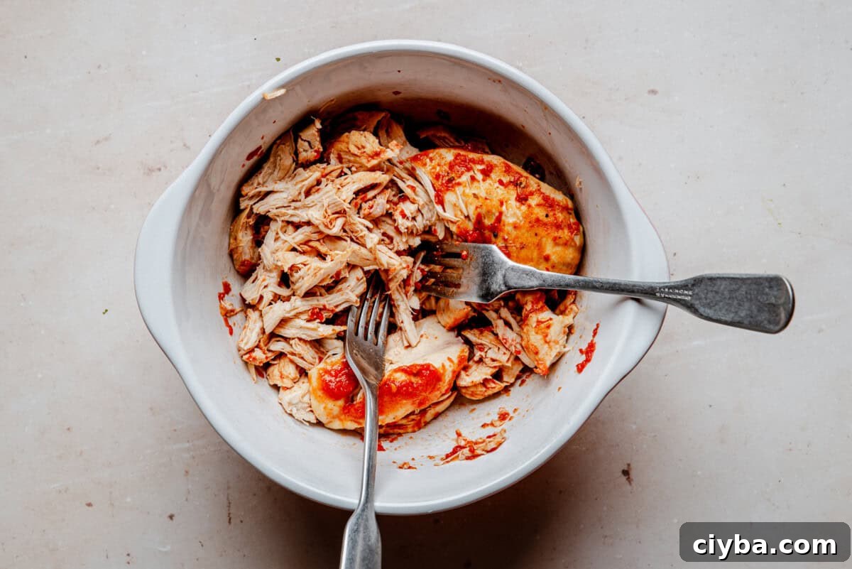 A white bowl with cooked, shredded chicken tinga and two forks, one shredding the chicken, with a bit of red sauce on the chicken and bowl.