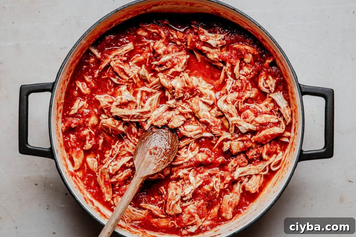 A large pot filled with shredded chicken cooked in a rich red tomato sauce, with a wooden spoon resting inside and sauce spread around the edges.