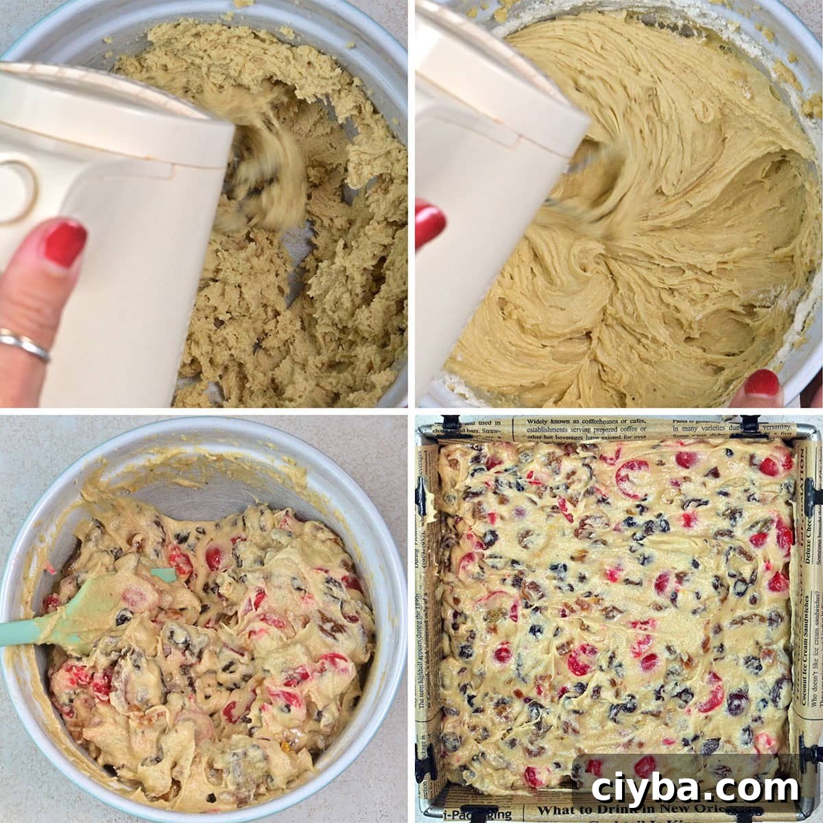 Four images show the process of making fruitcake: mixing batter with a hand mixer, beating until smooth, folding in chopped nuts and candied fruit, and spreading the mixture in a pan ready for baking.