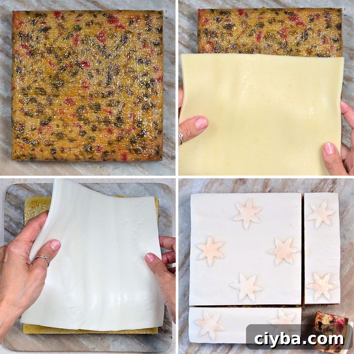 Four-panel collage showing hands covering a square fruitcake with a sheet of marzipan, followed by a sheet of white fondant. The coated cake is then decorated with fondant stars and cut into pieces.