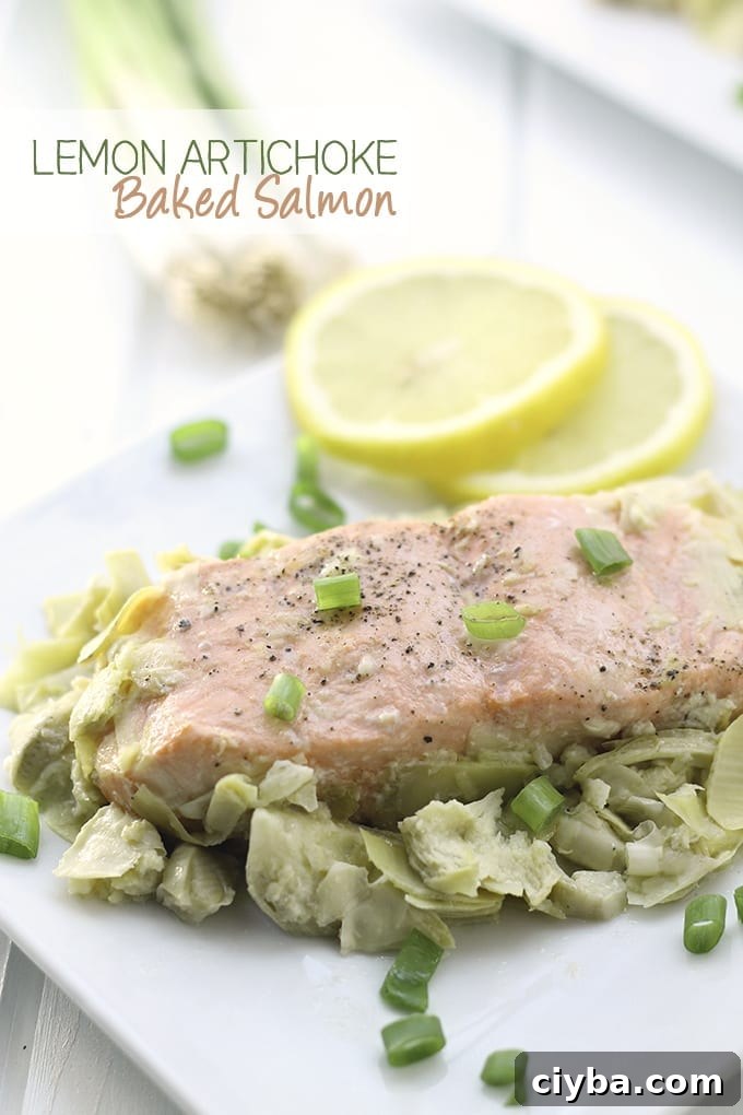 Lemon Artichoke Baked Salmon - a heart-healthy dinner packed full of flavour and nutrition with only two steps required, marinate and bake!