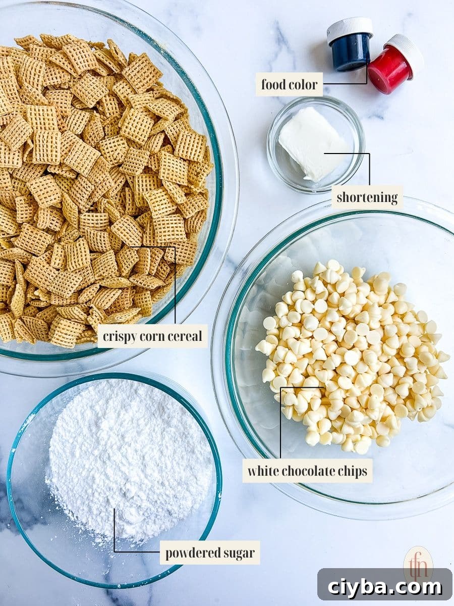Four glass bowls and two jars of food coloring on a white background containing the ingredients to make muddy buddy recipe.