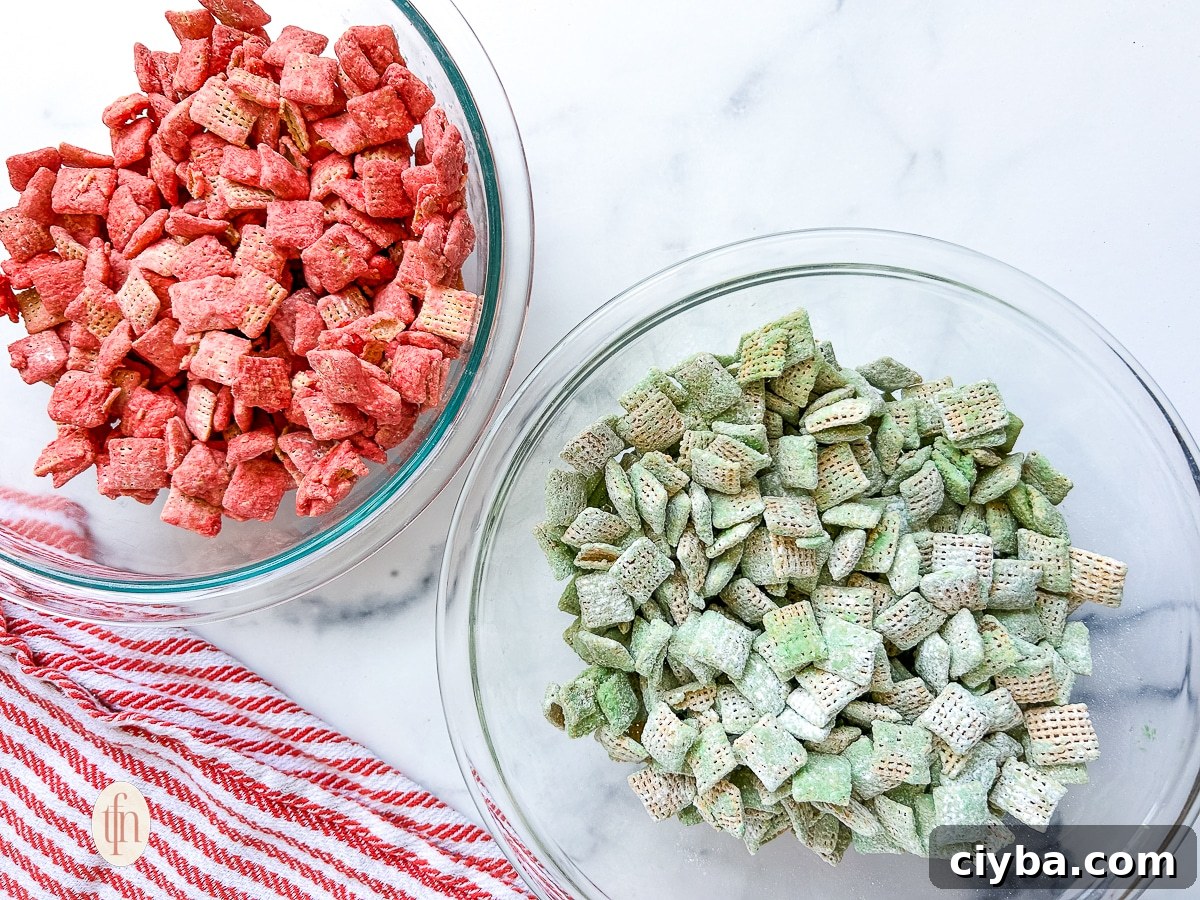 Two large glass bowls - one filled with red colored cereal and the other filled with green colored cereal.