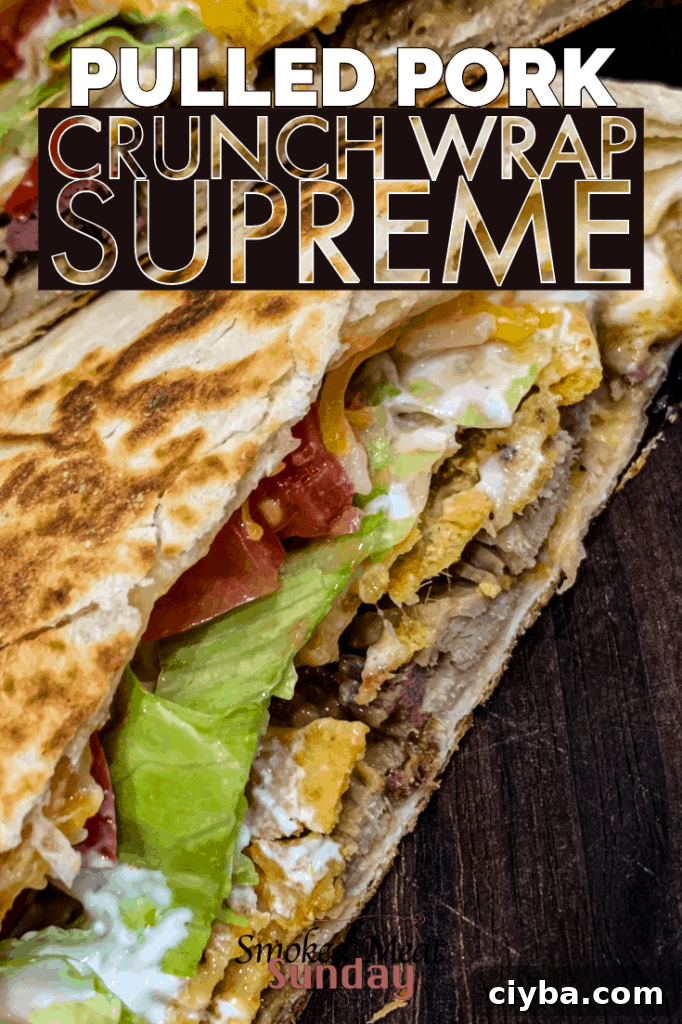 Crispy Pulled Pork Crunchwrap Supreme Recipe 2 Copycat recipe for crunch wrap supremes using smoked pulled pork leftovers. If you love taco bell, you'll love these! Pulled Pork on a Traeger and then finished in a skillet. #bbqrecipe #leftovers #pulledpork #smokedmeat