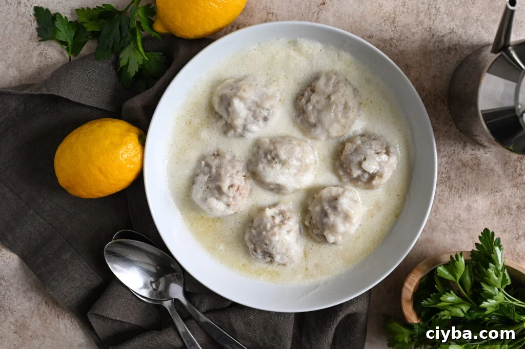 Meatballs with rice served in an egg lemon (avgolemono) sauce.