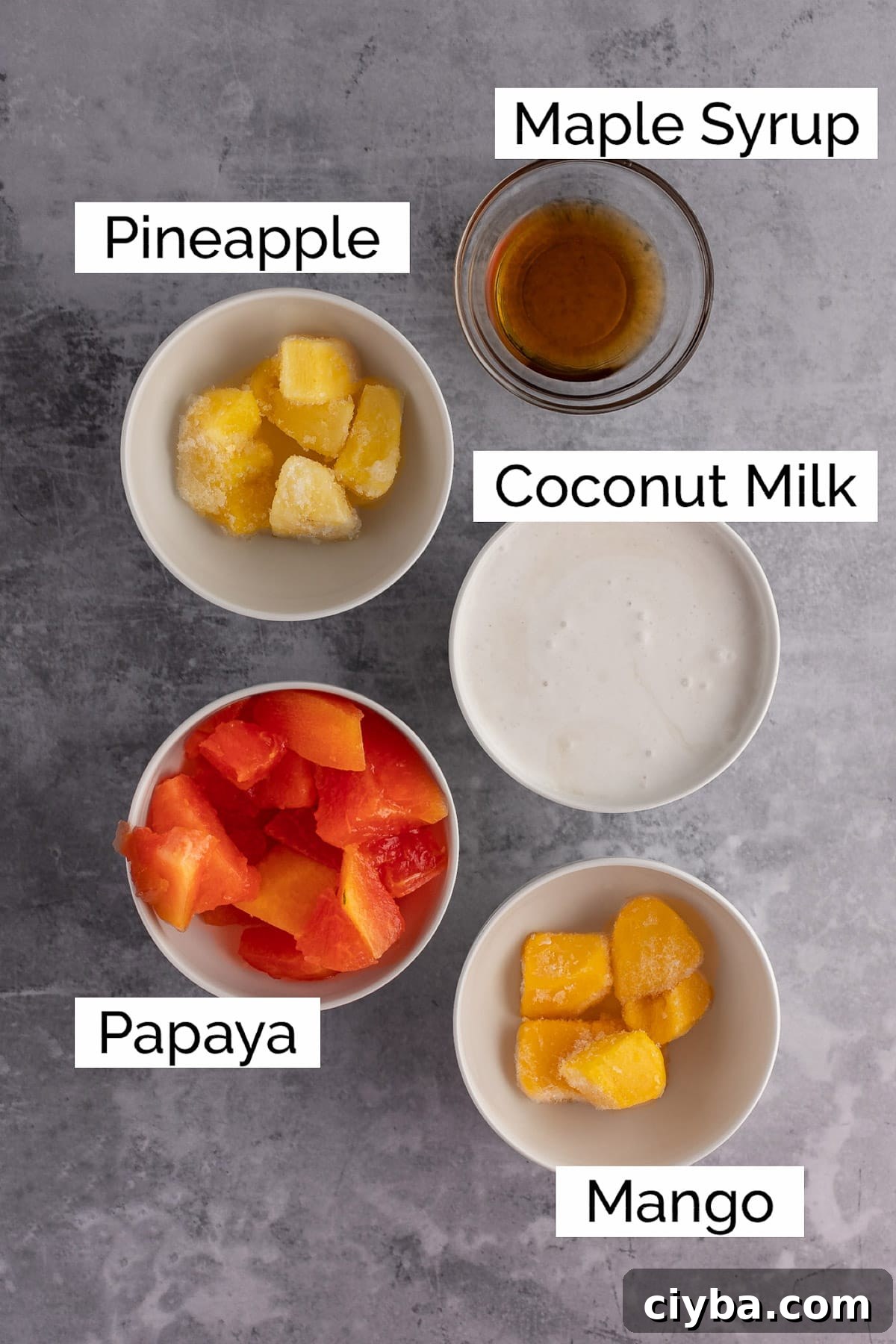 Overhead view of the ingredients needed to make the smoothie.