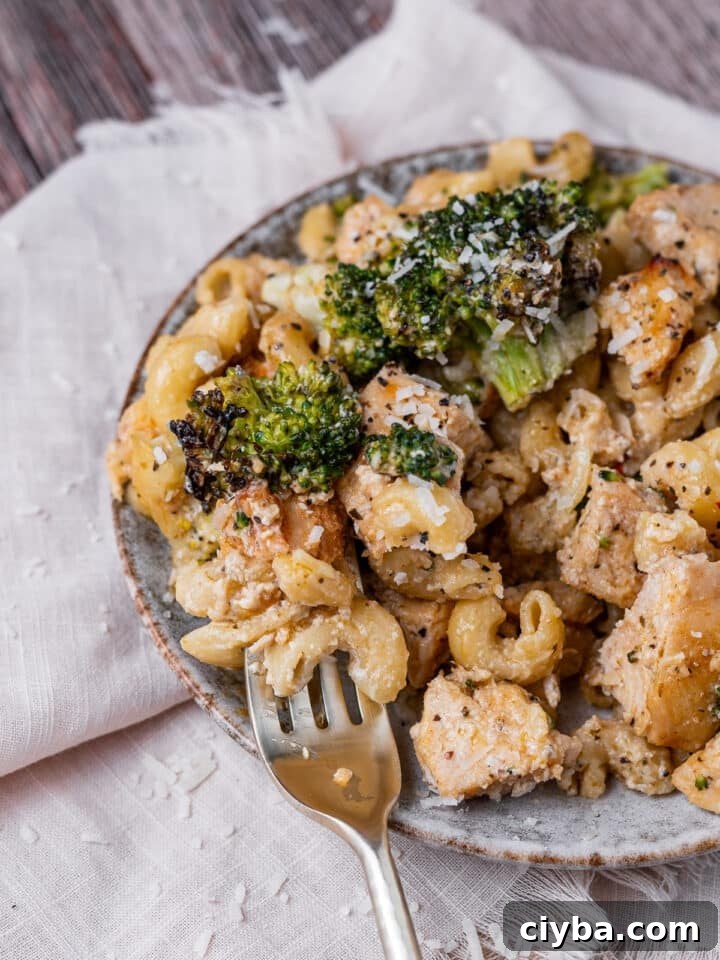 bite of pasta, chicken and broccoli on fork
