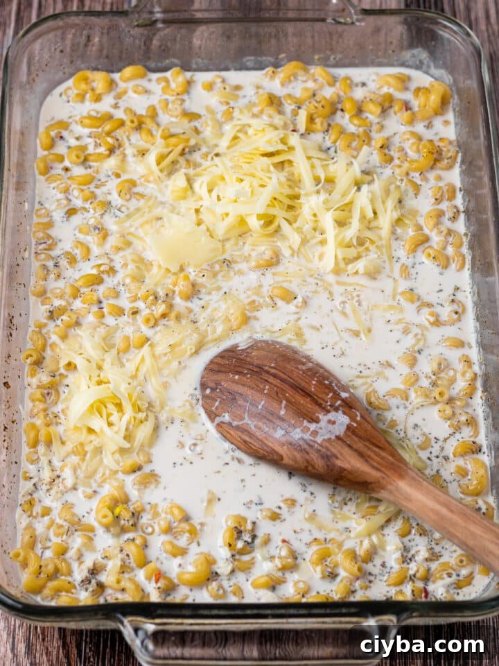 cheddar cheese added to casserole dish