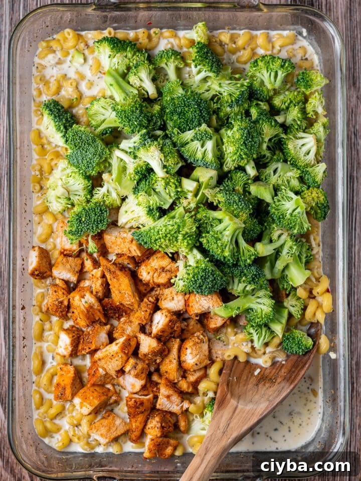 cubed, seasoned chicken and broccoli florets added to pan