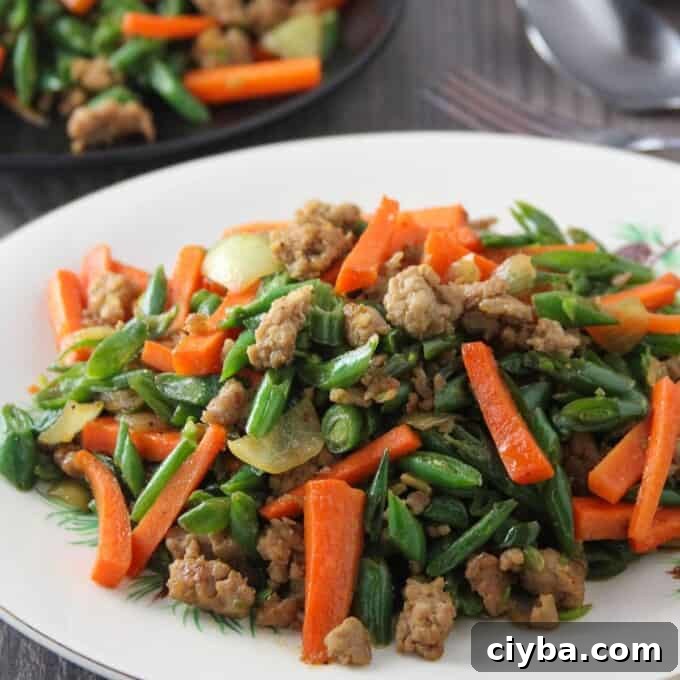 Pork and Green Bean Stir-fry on a white serving platter