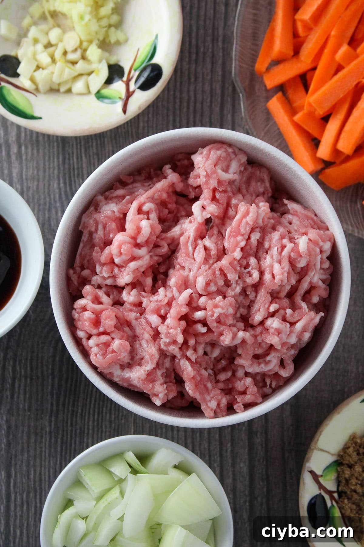 ground pork, julienned carrots, sliced green beans, chopped onions, garlic, soy sauce