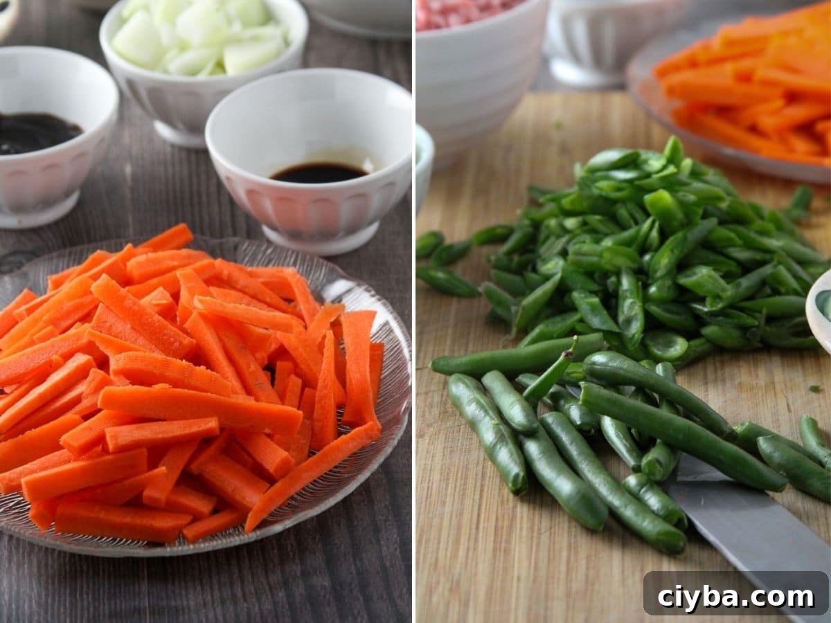 julienned carrots and sliced green beans