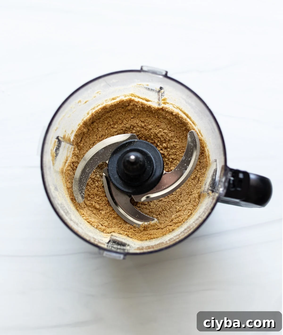 Person grinding graham crackers in a food processor.