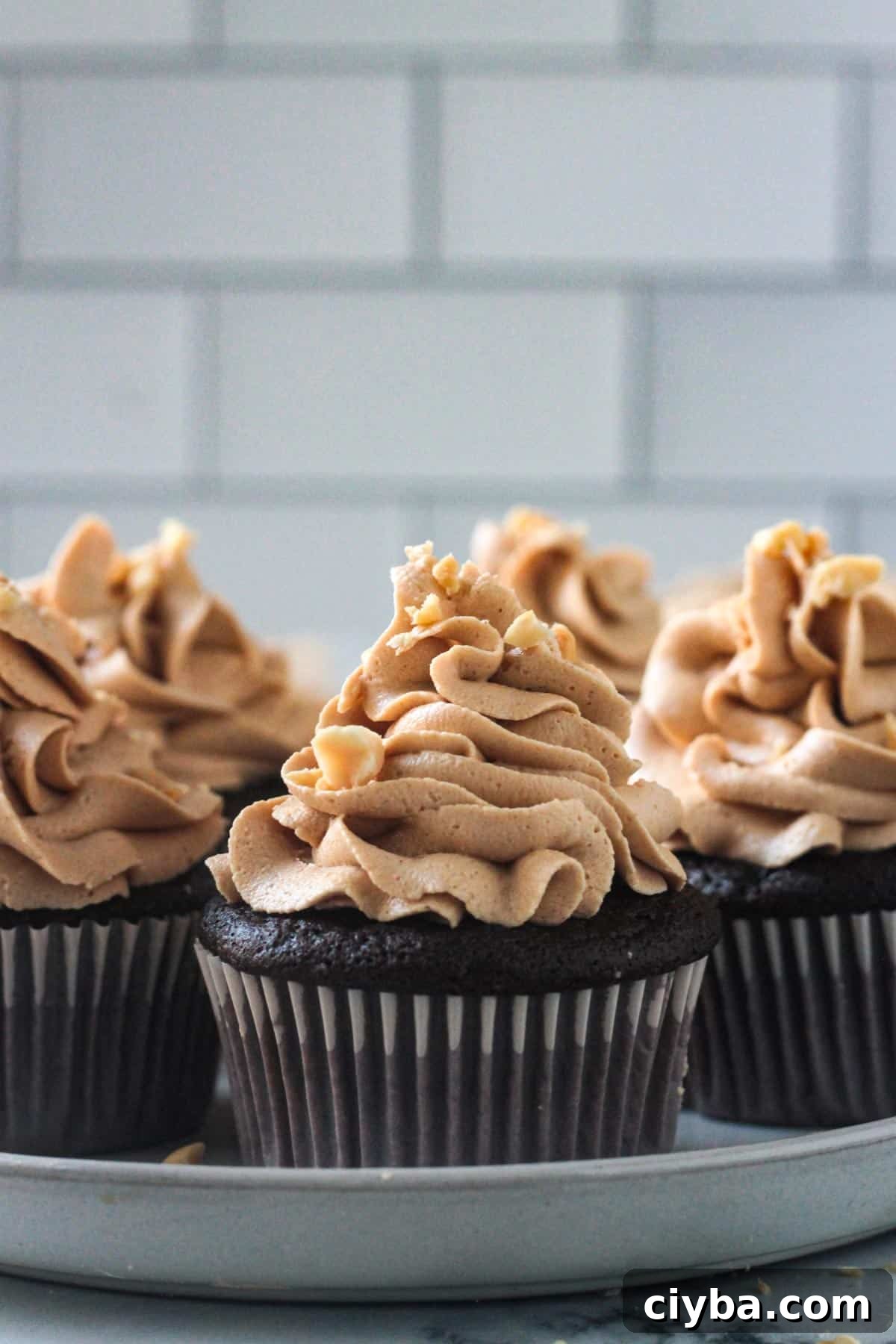 Close up of peanut butter frosting piped on a chocolate cupcake.
