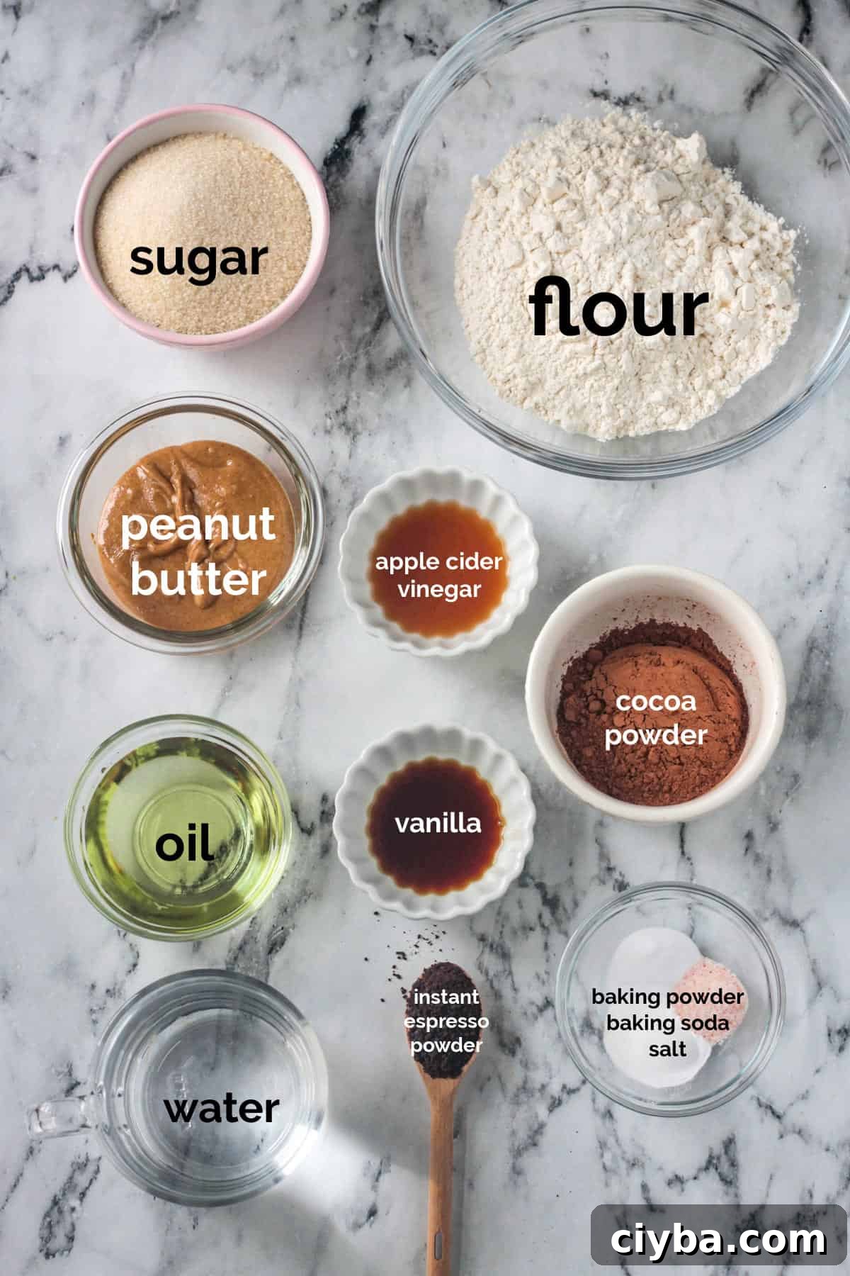 Recipe ingredients arrayed in individual bowls.