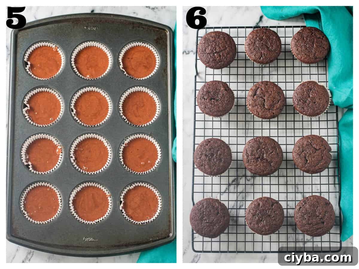 2 photo collage of batter in a cupcake pan and baked cupcakes on a cooling rack.