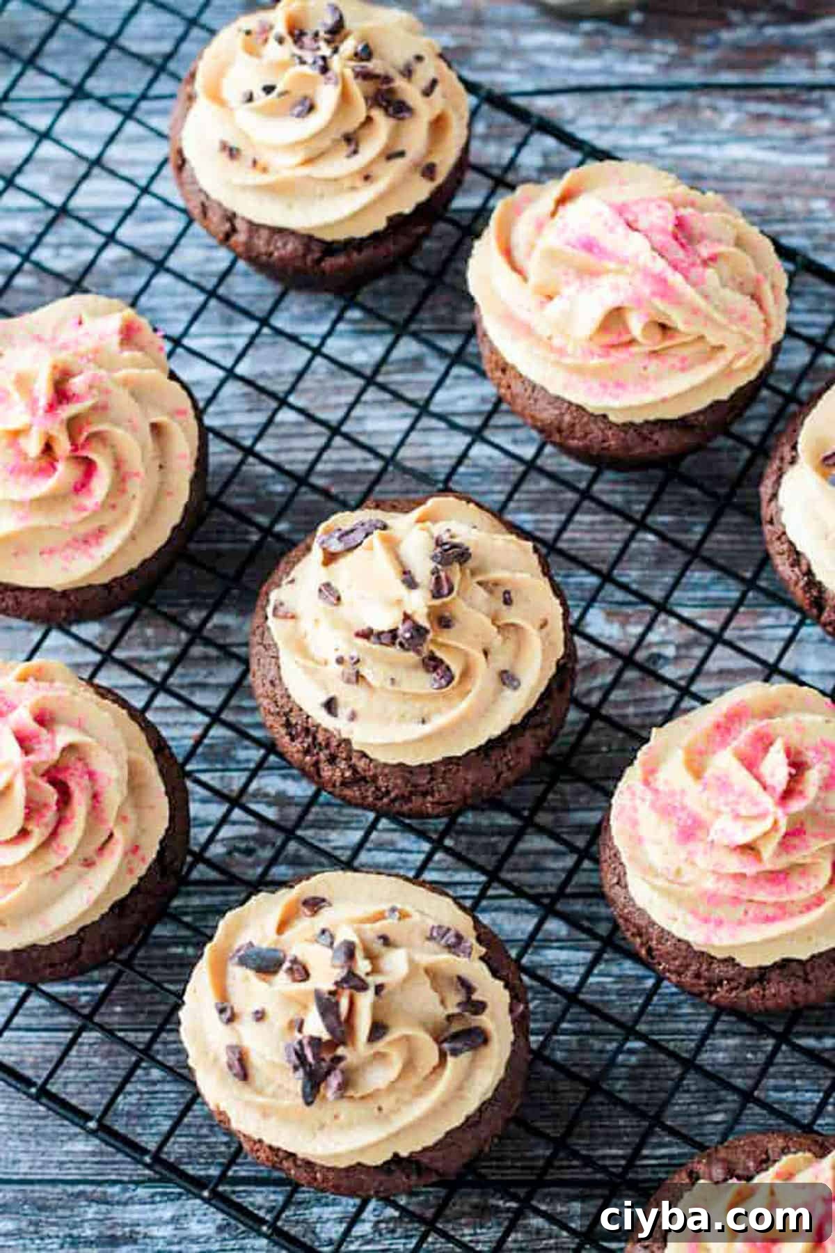 Overhead view of frosted chocolate peanut butter cupcakes on a cooling rack.