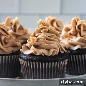 Close up of peanut butter frosting piped on a chocolate cupcake.