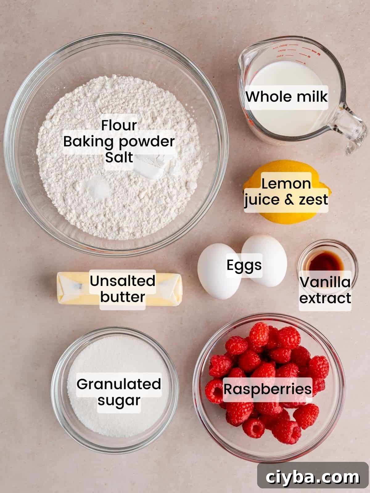 Lemon Raspberry Muffins with Zesty Lemon Glaze 3 Ingredients needed to make lemon raspberry muffins.