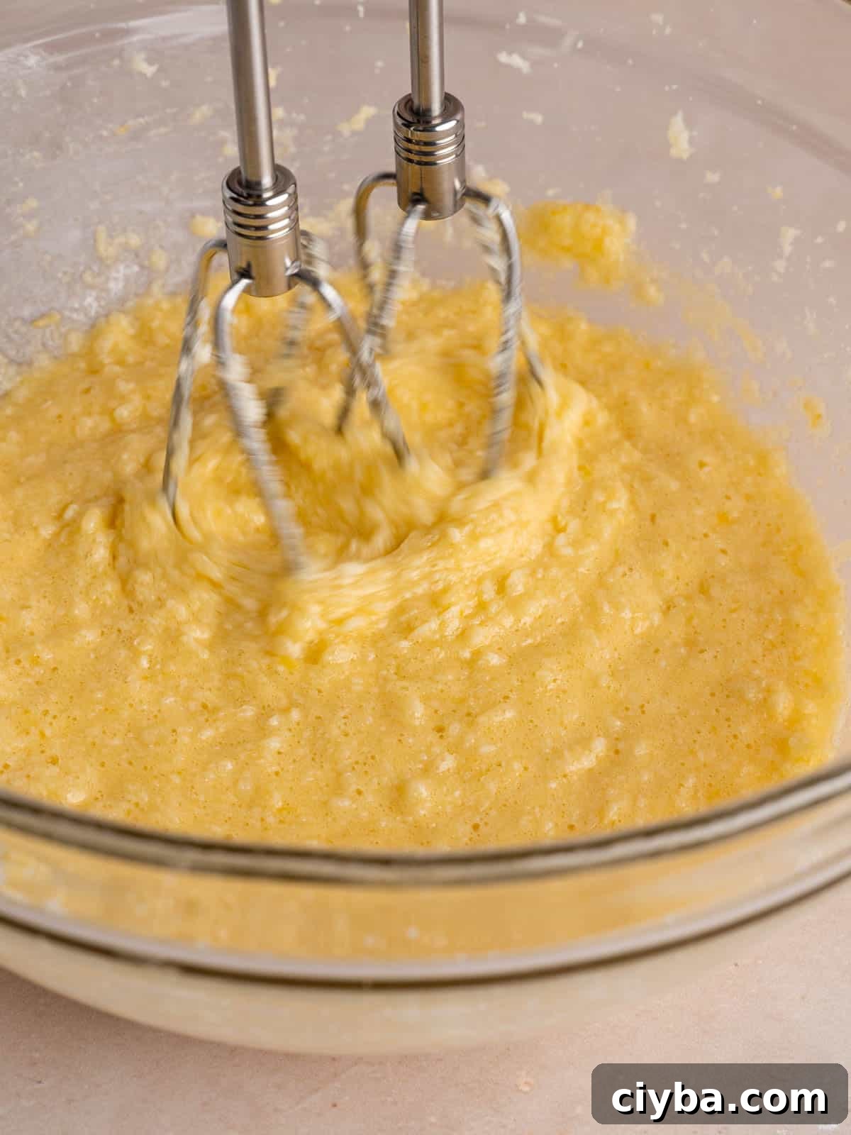 Lemon Raspberry Muffins with Zesty Lemon Glaze 6 Mixing butter, sugar, lemon zest, eggs, and vanilla extract in a bowl with a hand mixer.