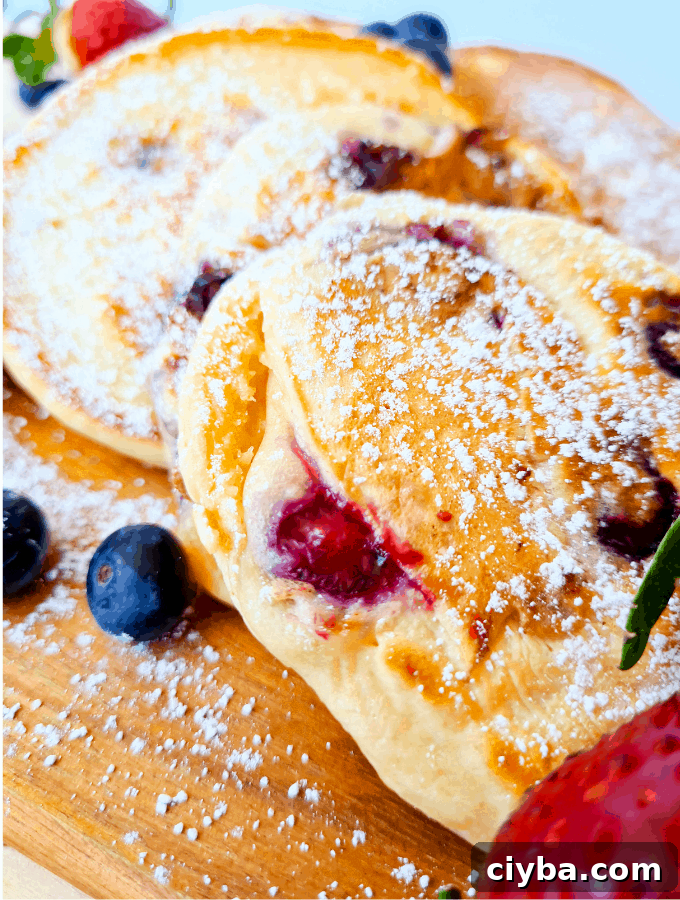 Close up of a pancake with blueberries sticking out