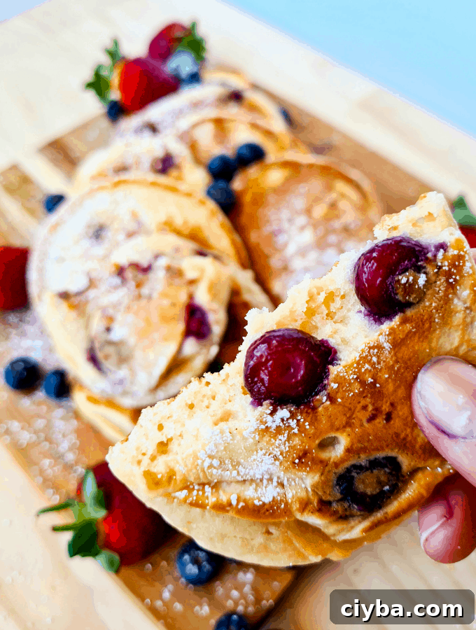 Close up of blueberry pankcake torn in half