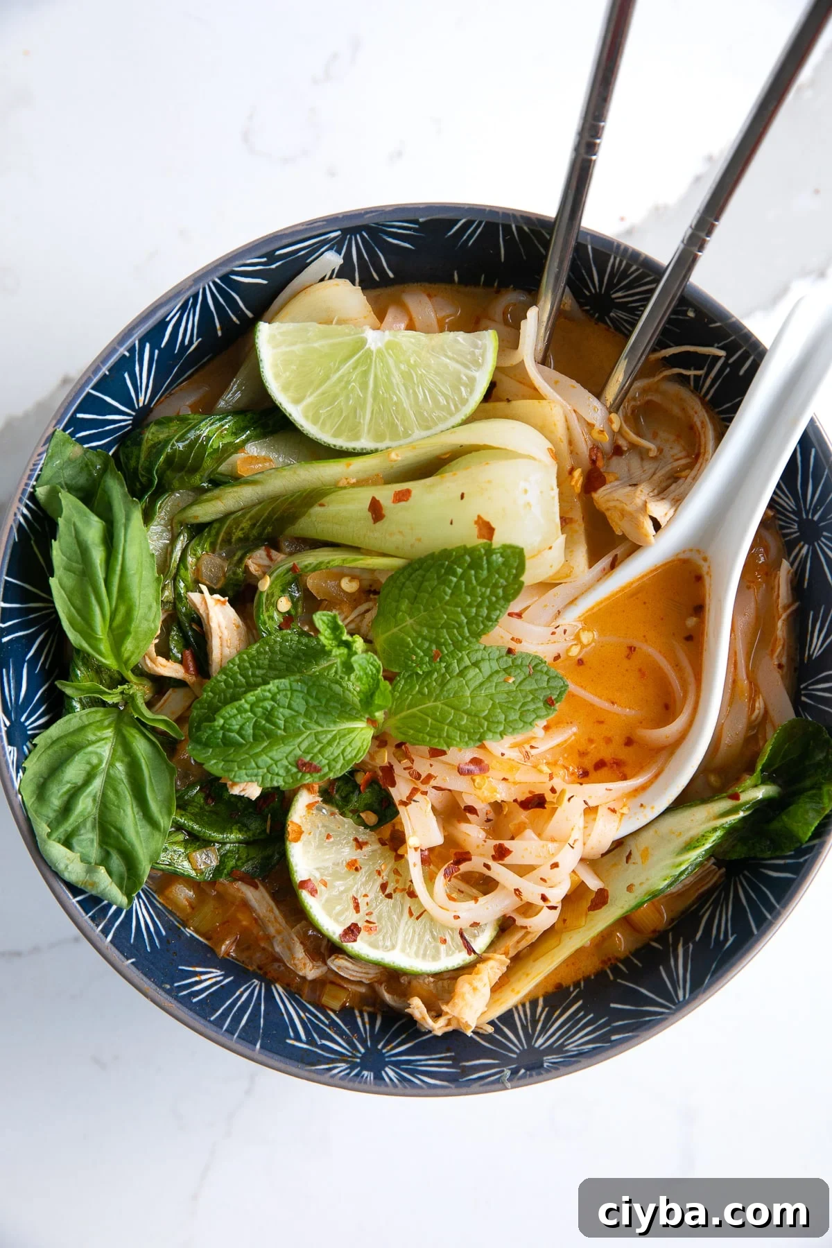 Thai Chicken Curry Noodle Soup: Authentic Recipe & Tips 2 Image of a blue soup bowl filled with Thai chicken curry noodle soup made with a coconut curry broth, rice noodles, shredded chicken, and bok choy, and garnished with fresh mint, limes, and fish sauce.