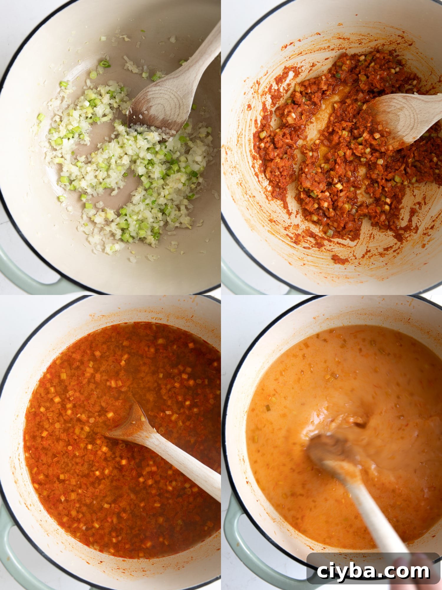 Thai Chicken Curry Noodle Soup: Authentic Recipe & Tips 3 Collaged image of four images showing the beginning steps on how to make the broth for chicken curry noodle soup with coconut milk.