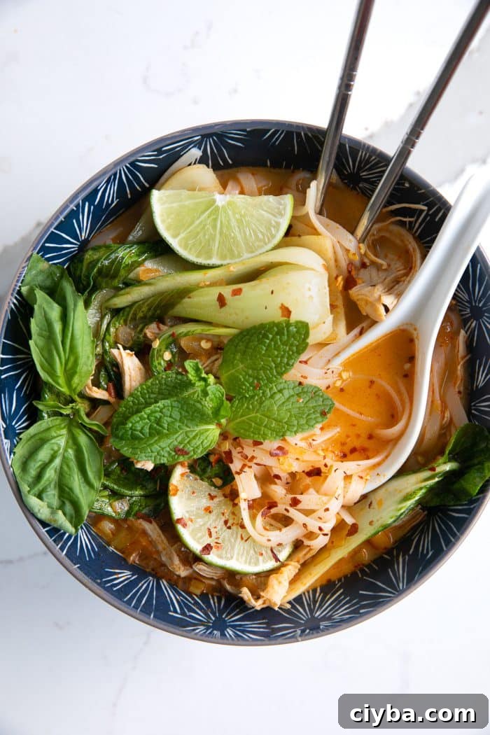 Thai Chicken Curry Noodle Soup: Authentic Recipe & Tips 8 Image of a blue soup bowl filled with Thai chicken curry noodle soup made with a coconut curry broth, rice noodles, shredded chicken, and bok choy, and garnished with fresh mint, limes, and fish sauce.