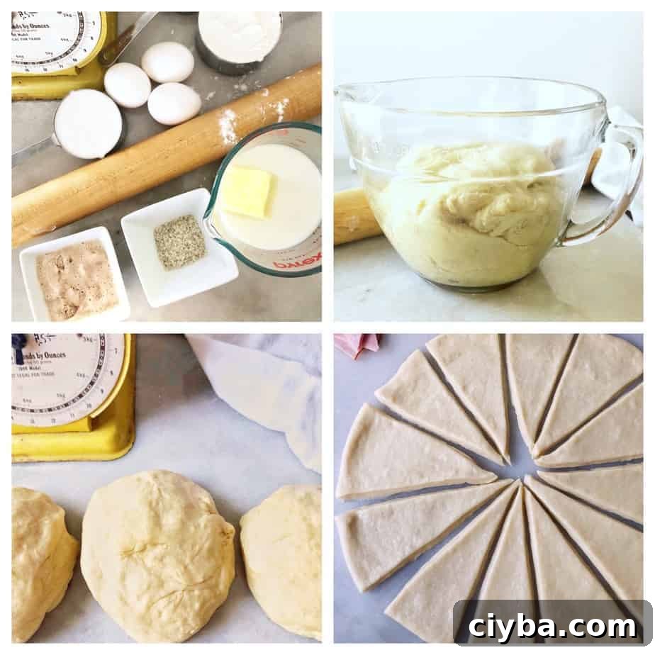 collage of dough making for ham and cheese rolls