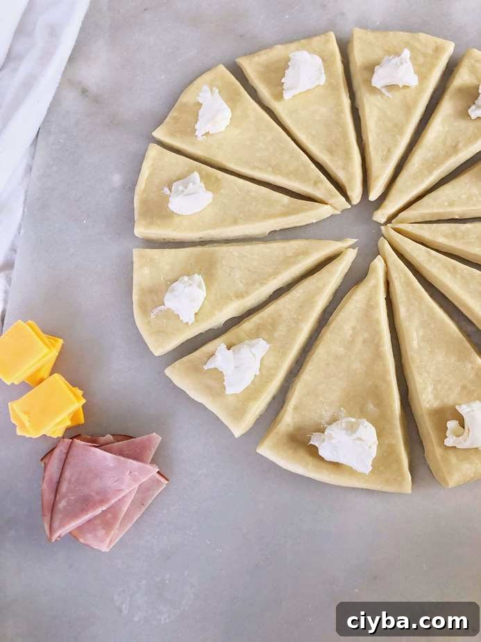 spiral with 12 dough triangles, cheese, and ham