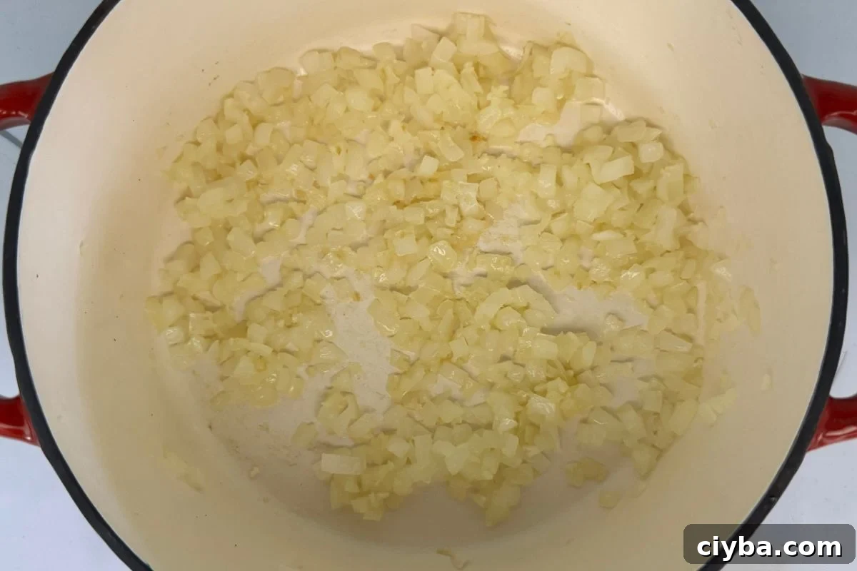 Cooked onions and garlic in a Dutch oven