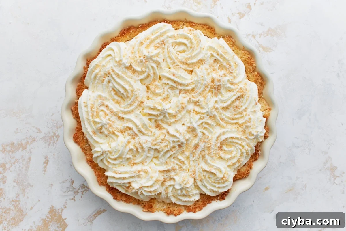 Coconut cream pie fully assembled with toasted coconut sprinkled over whipped topping.