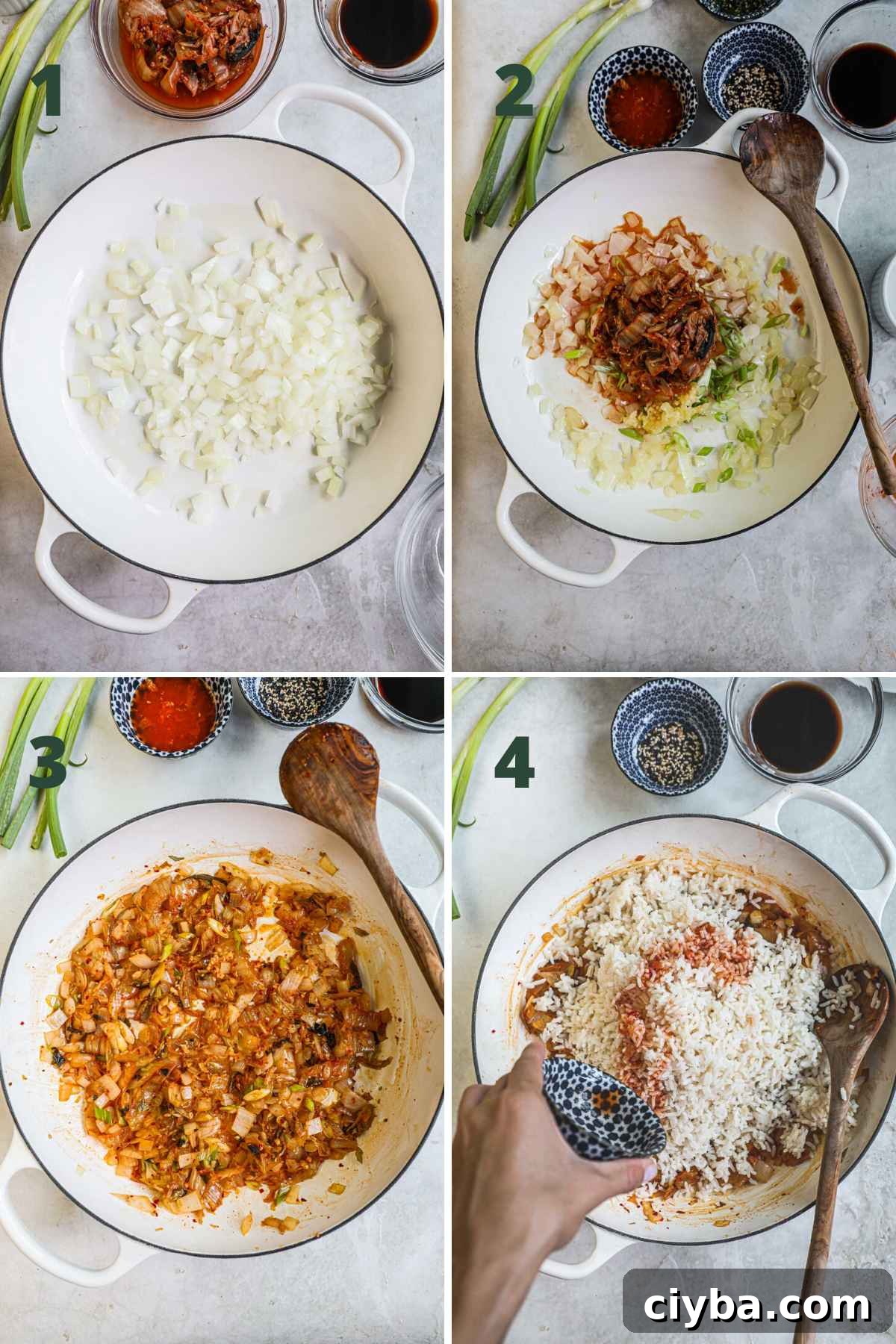 Steps to make easy kimchi fried rice, saute onion, garlic, scallions, chopped kimchi; add rice and kimchi juice.